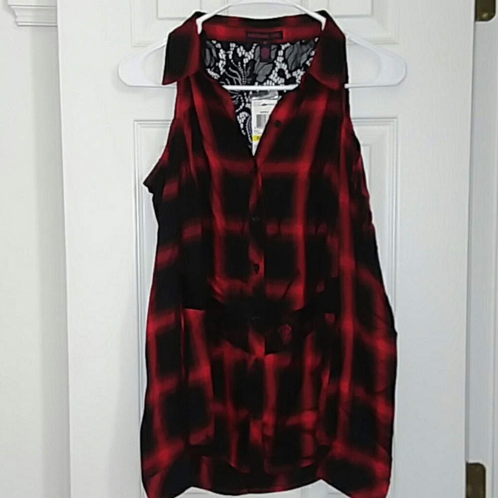 NWT cold shoulder, plaid, lacey button-up top